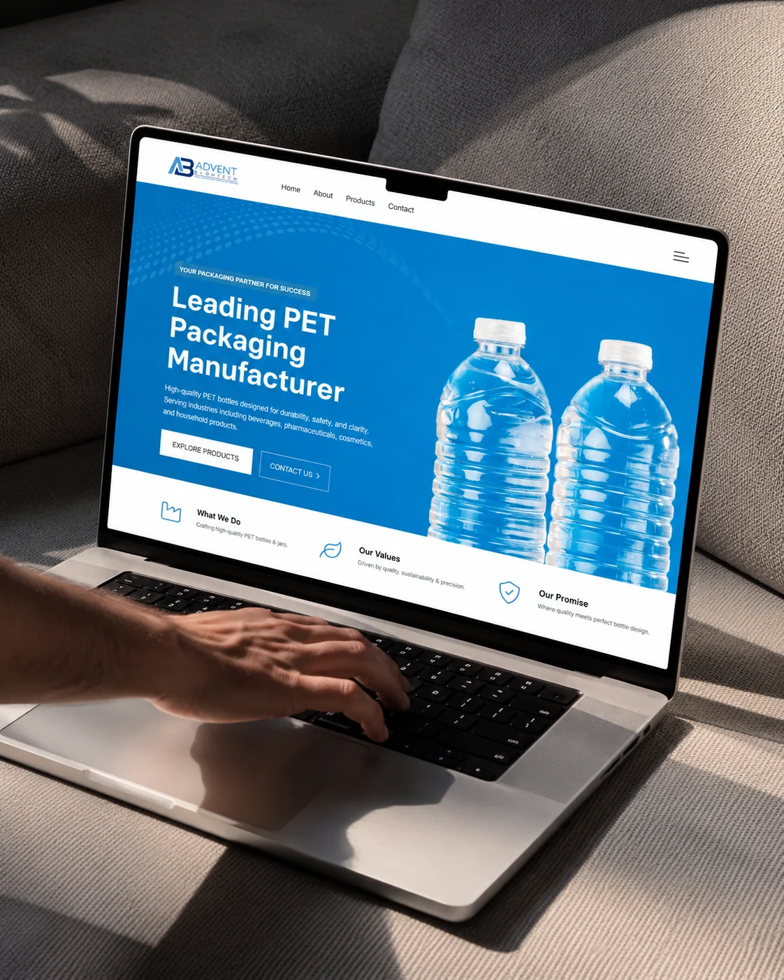 Advent Blowtech website on a laptop: Leading PET Packaging Manufacturer