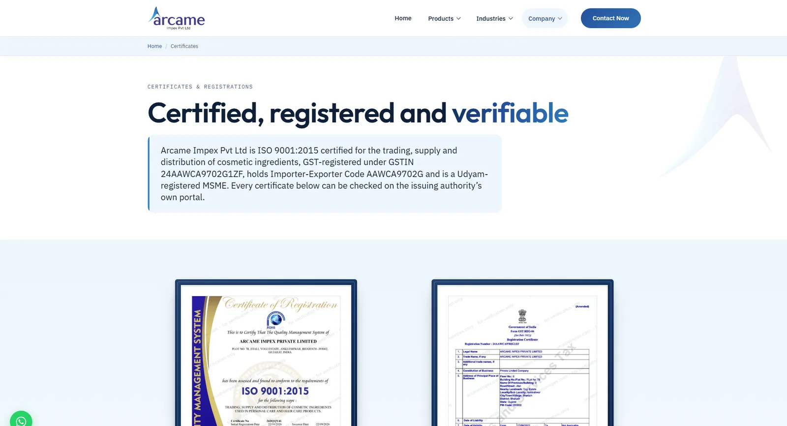 Arcame Impex certificates and registrations page