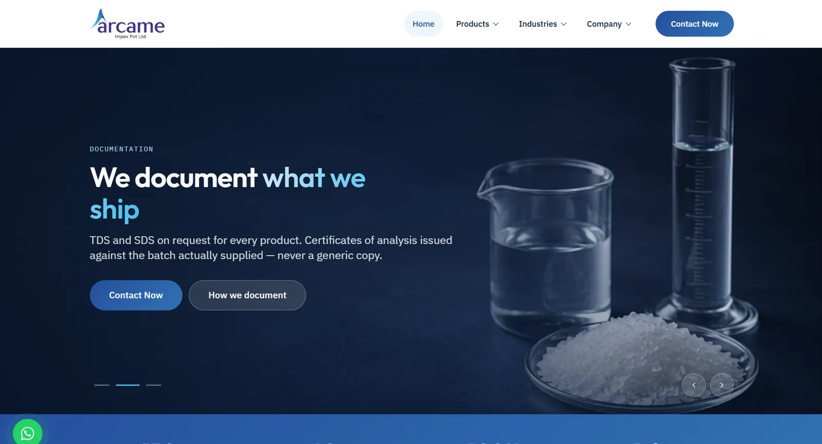 Arcame Impex homepage slide: We document what we ship