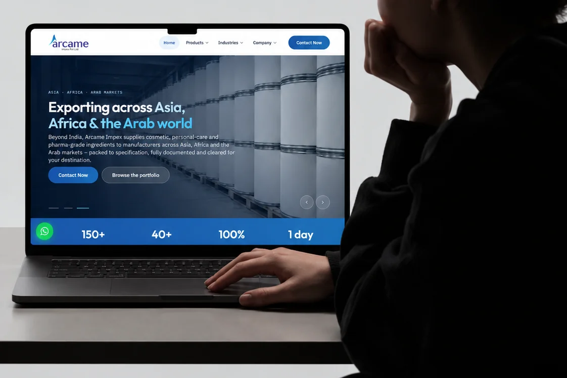 Arcame Impex website on a laptop: Exporting across Asia, Africa and the Arab world