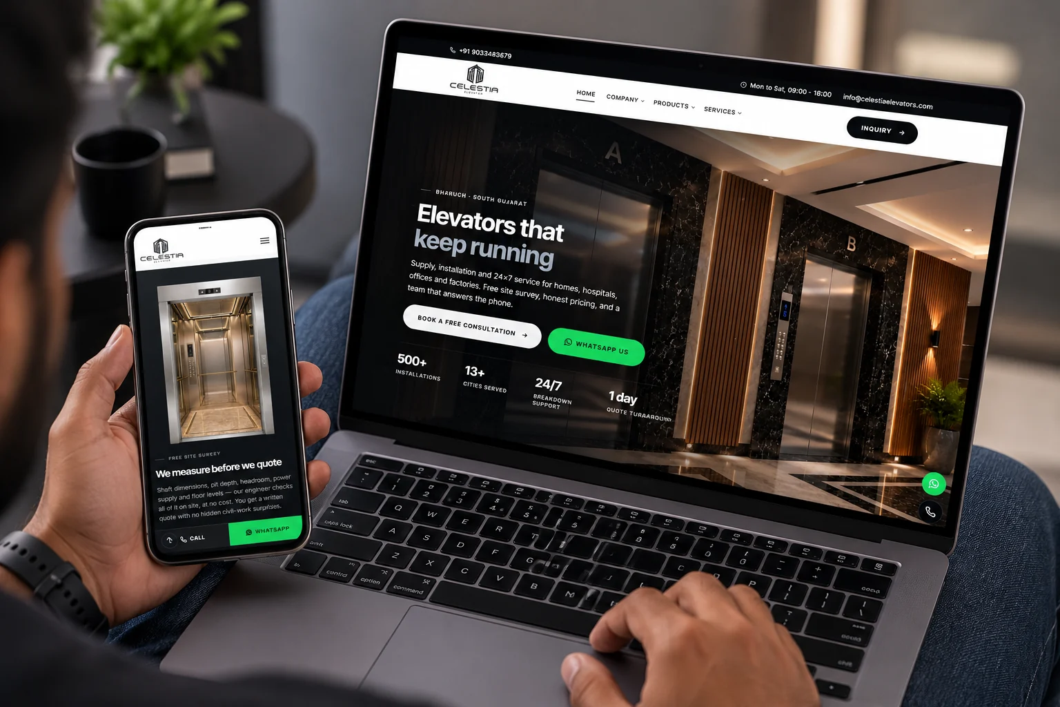 Celestia Elevators website on laptop and phone: Elevators that keep running