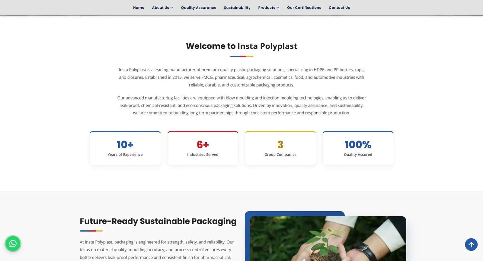 Insta Polyplast welcome section with years of experience and industries served
