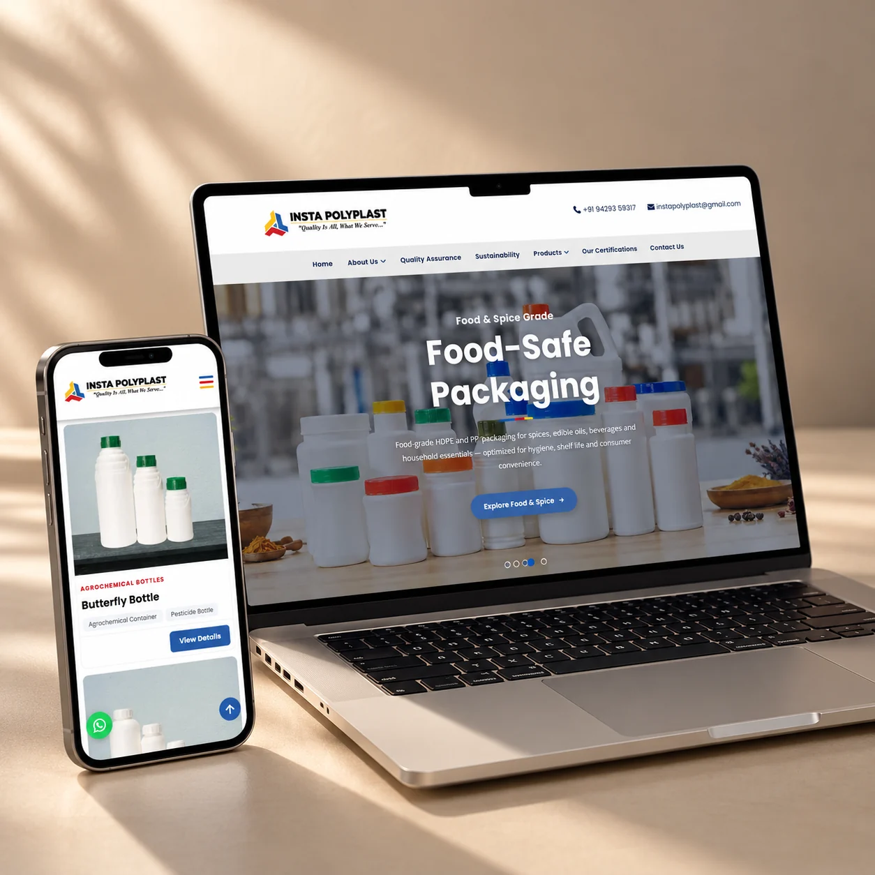 Insta Polyplast website on a laptop and phone: Food-Safe Packaging