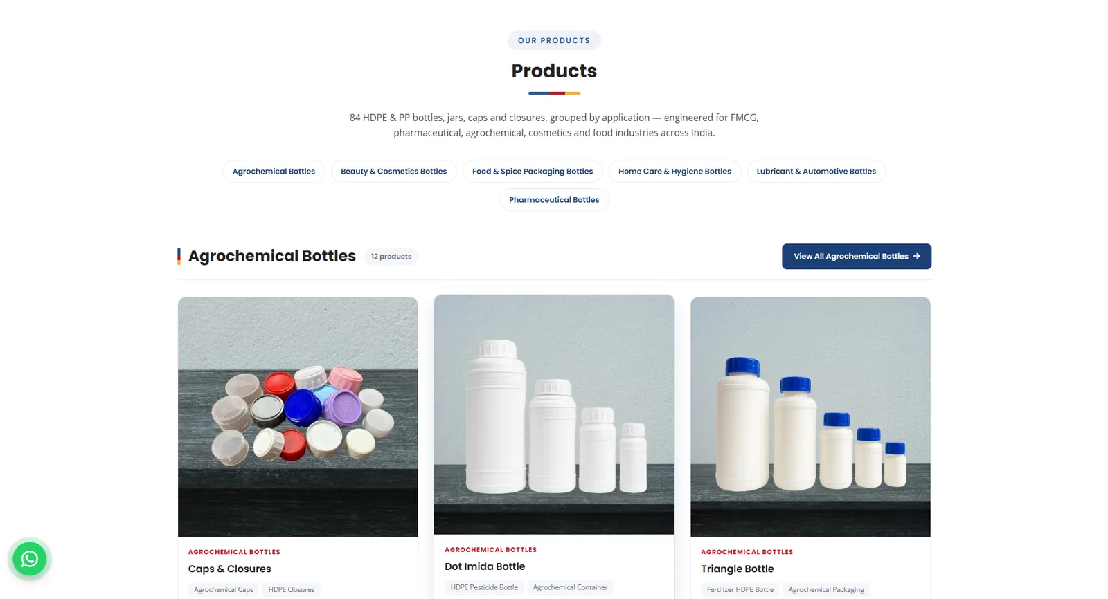 Insta Polyplast products page grouped by application with category filters