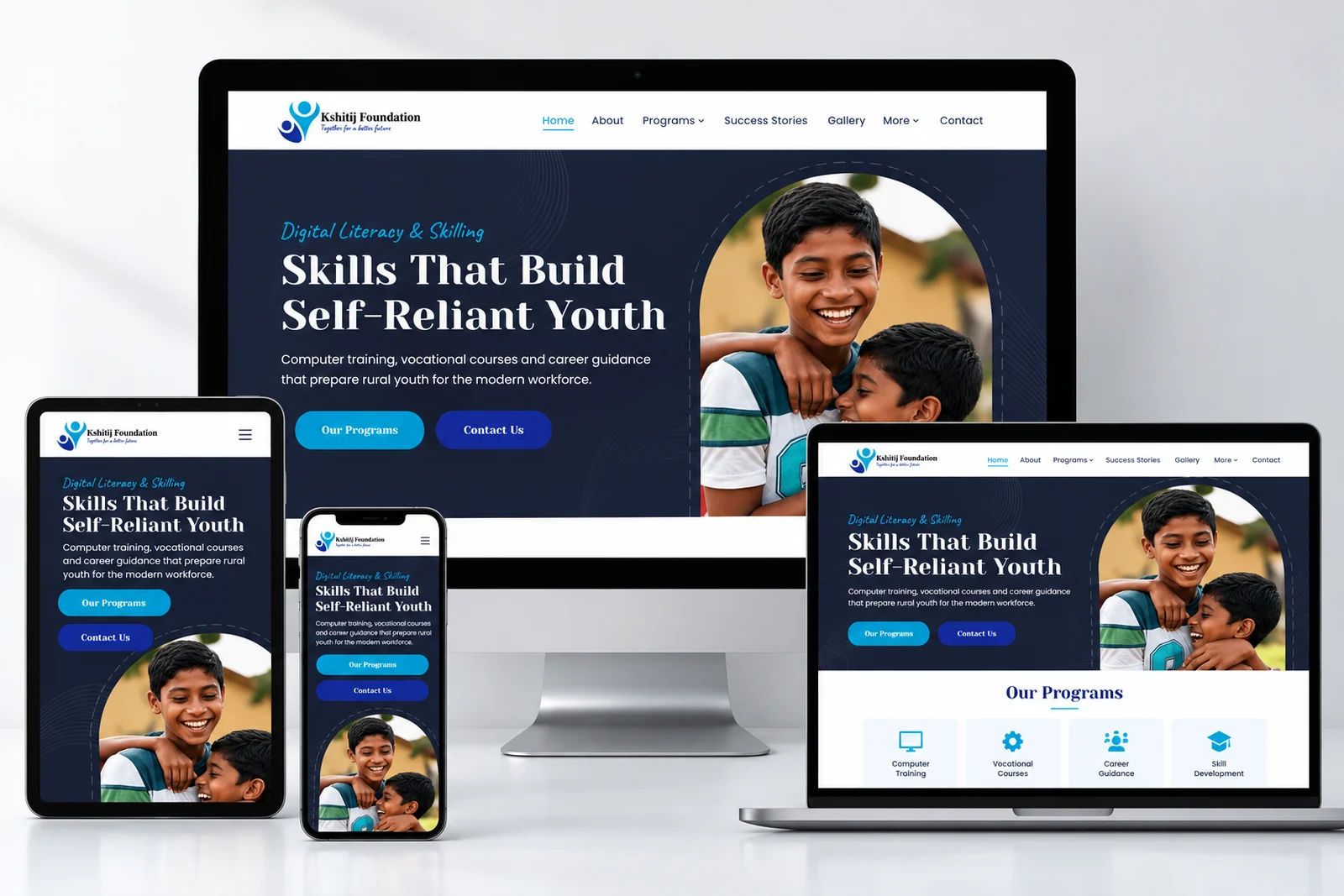 Kshitij Foundation website on desktop, laptop, tablet and phone: Skills That Build Self-Reliant Youth
