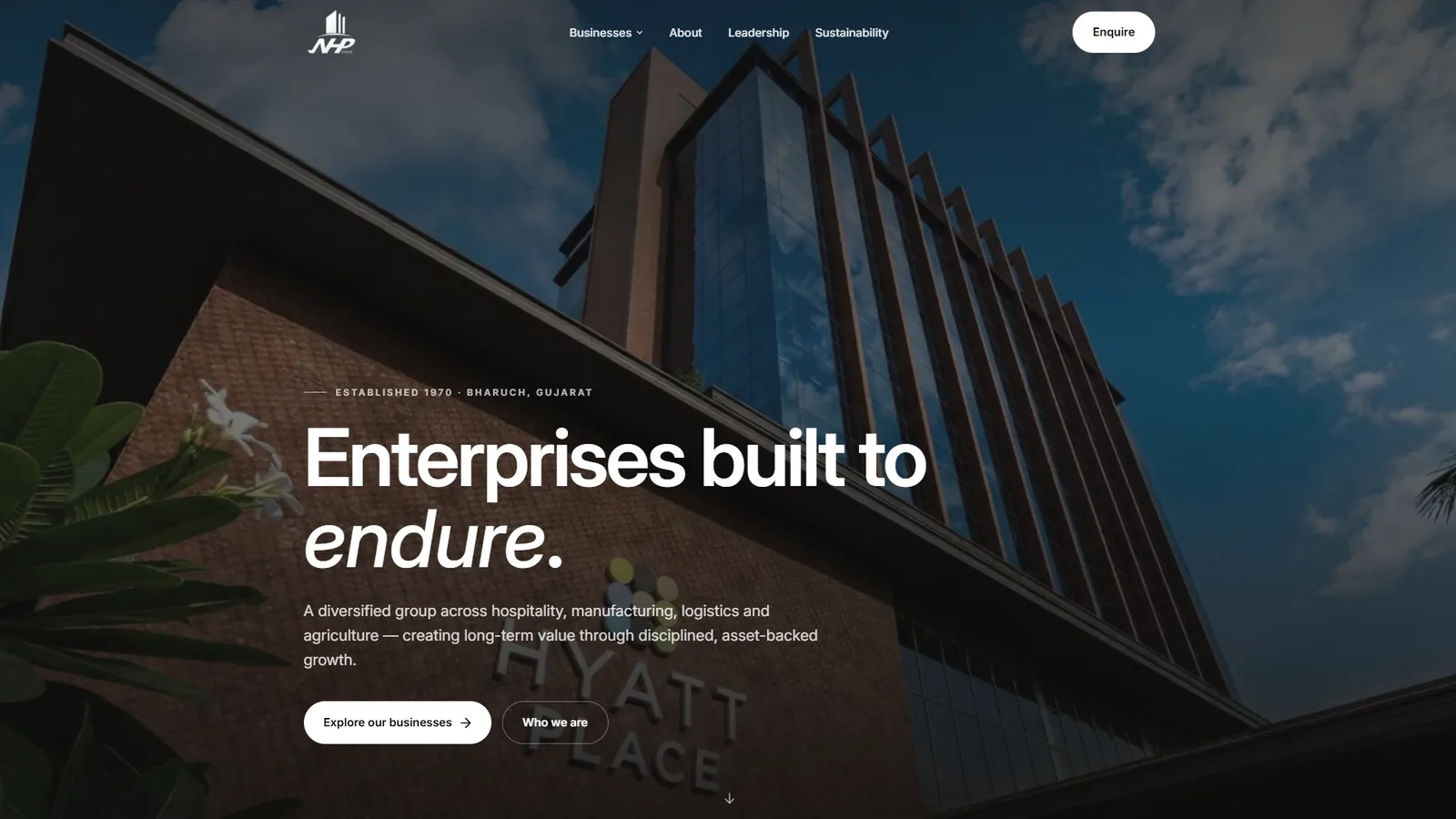 NHP Group homepage hero with Hyatt Place