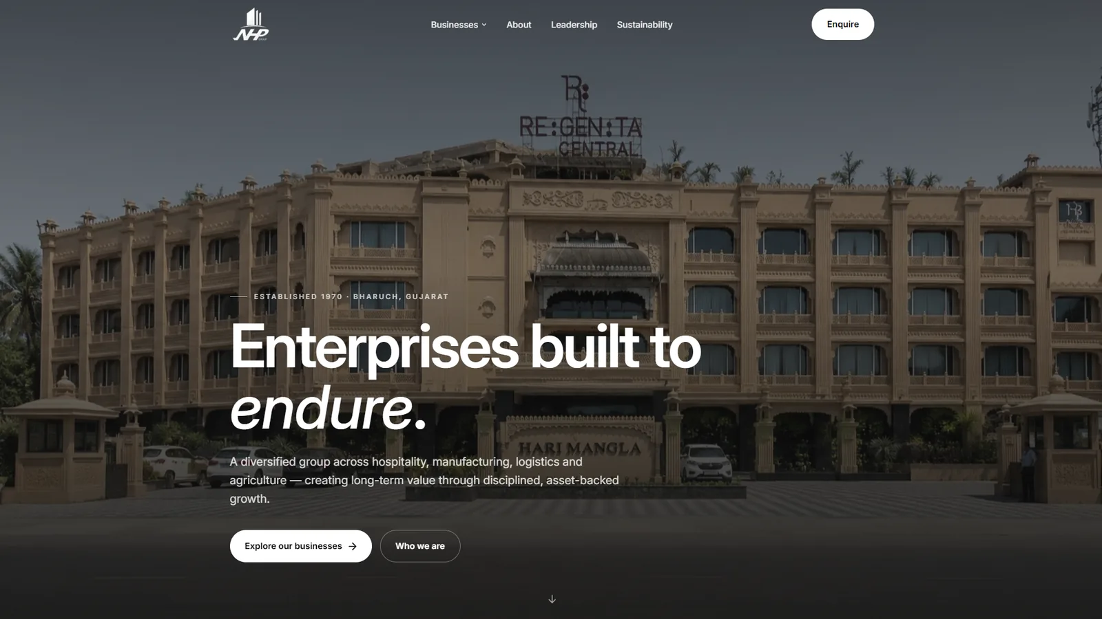 NHP Group homepage with Regenta Central Harimangla
