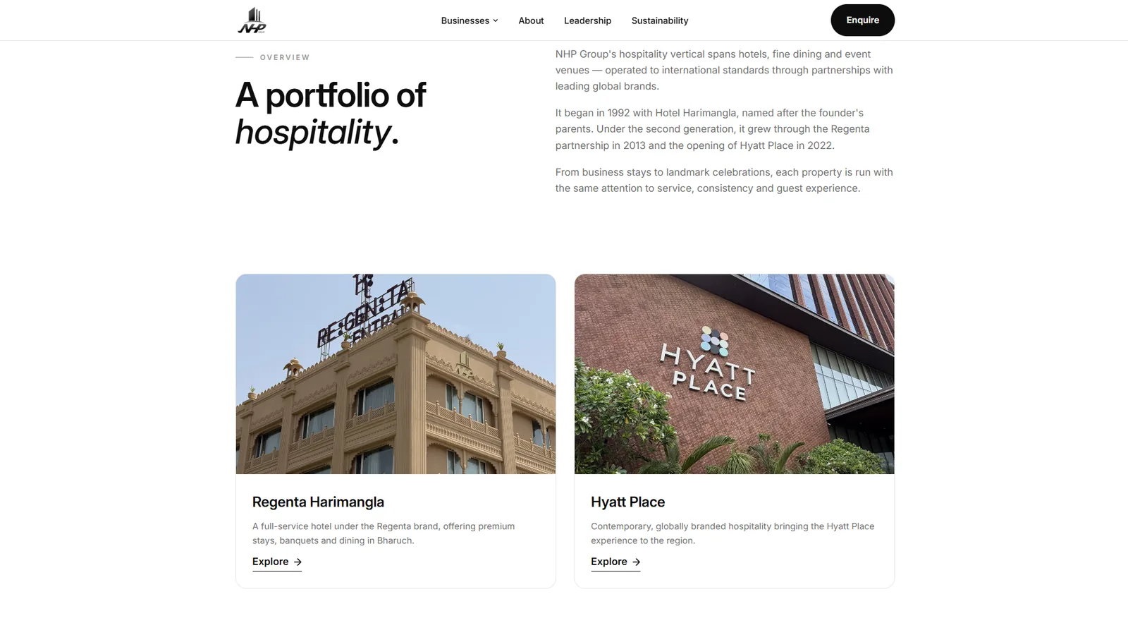 NHP Group hospitality page with Regenta Harimangla and Hyatt Place cards