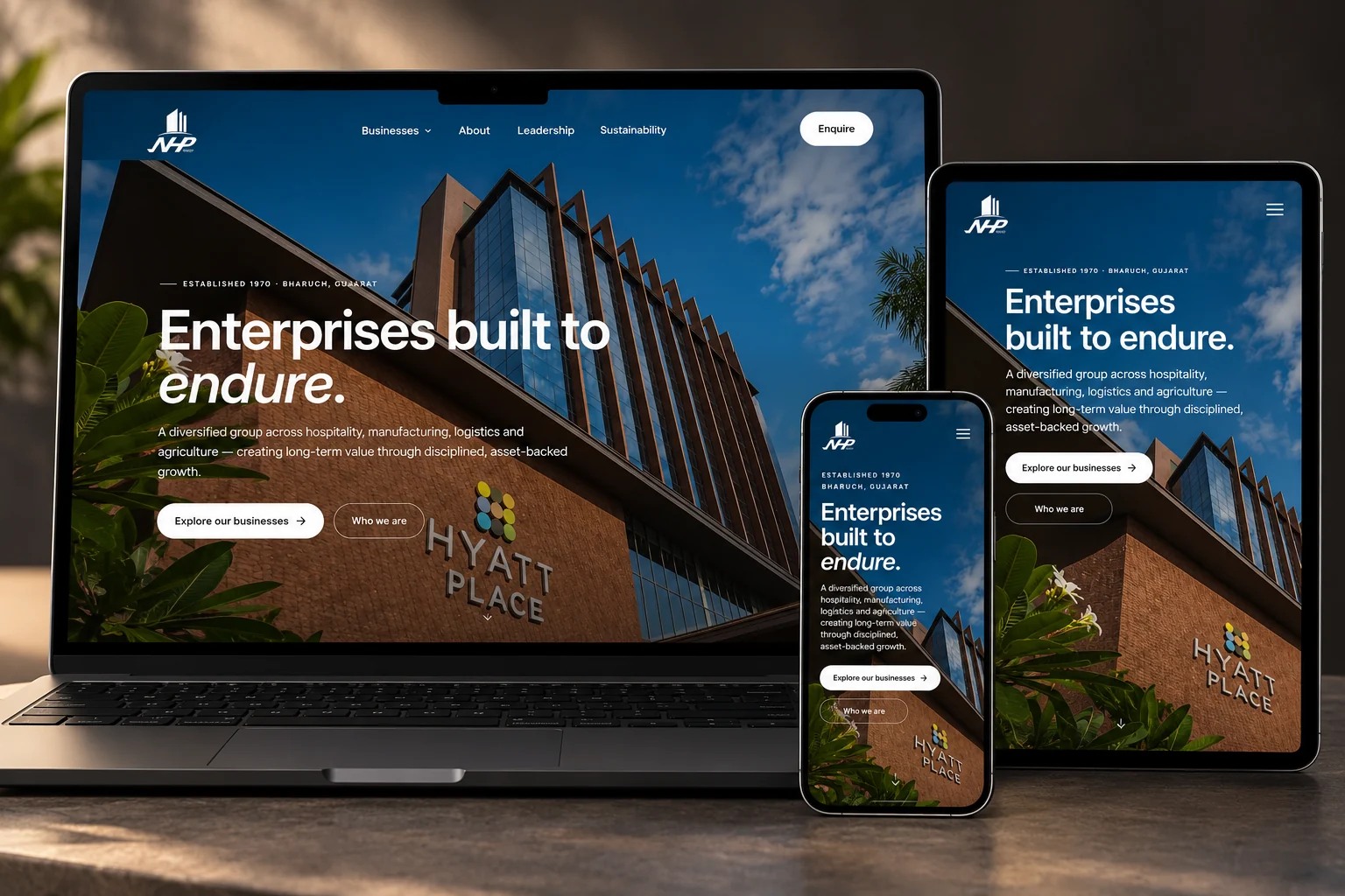 NHP Group website on laptop, tablet and phone: Enterprises built to endure