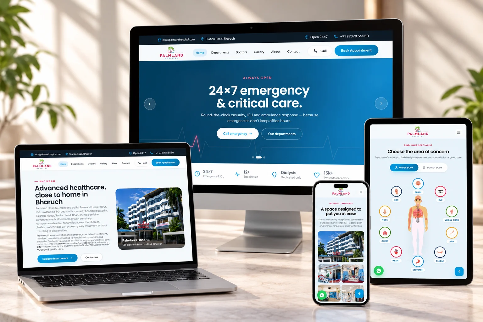 Palmland Hospital website on desktop, laptop, tablet and phone