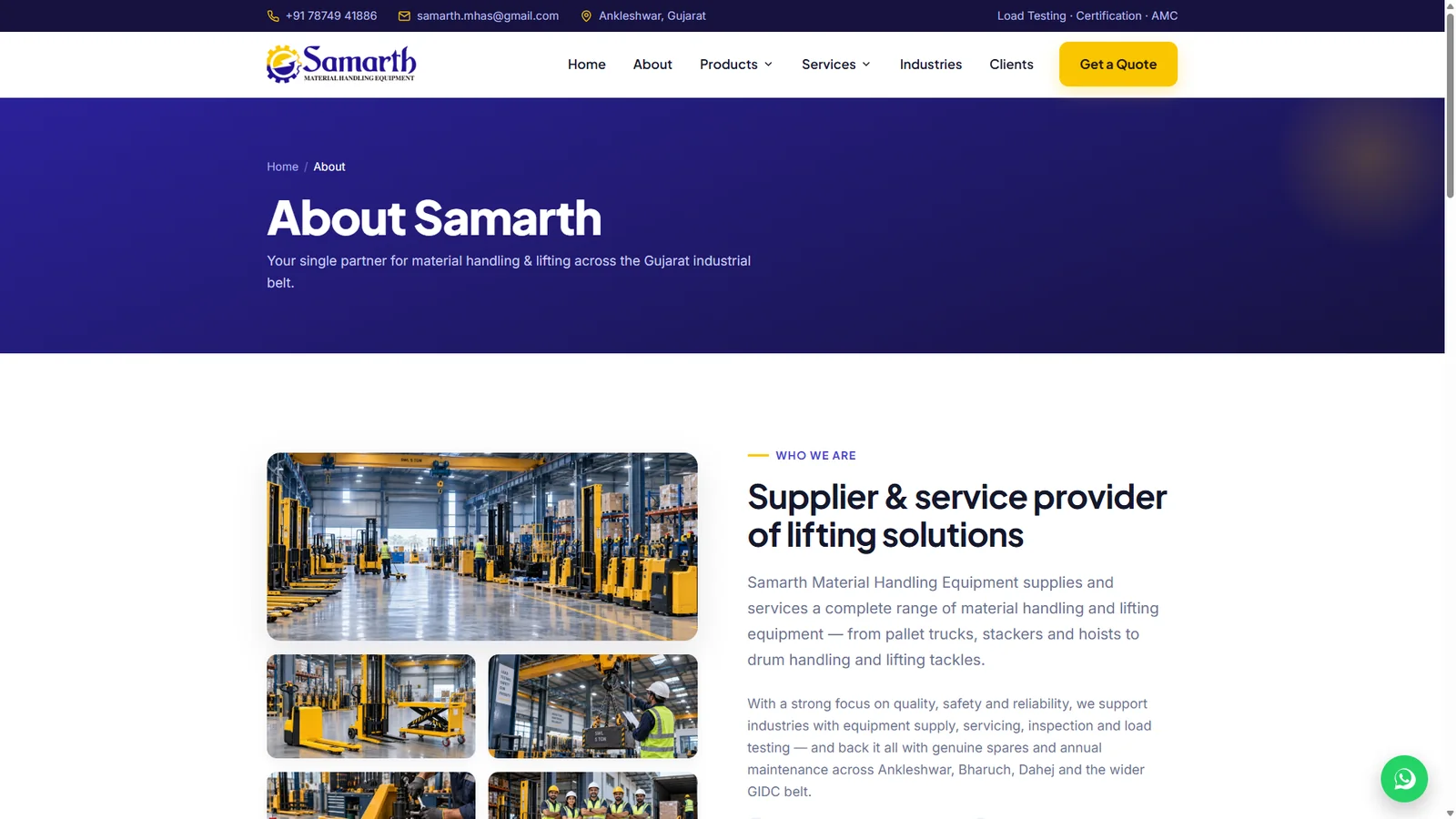Samarth MHE about page: supplier and service provider of lifting solutions