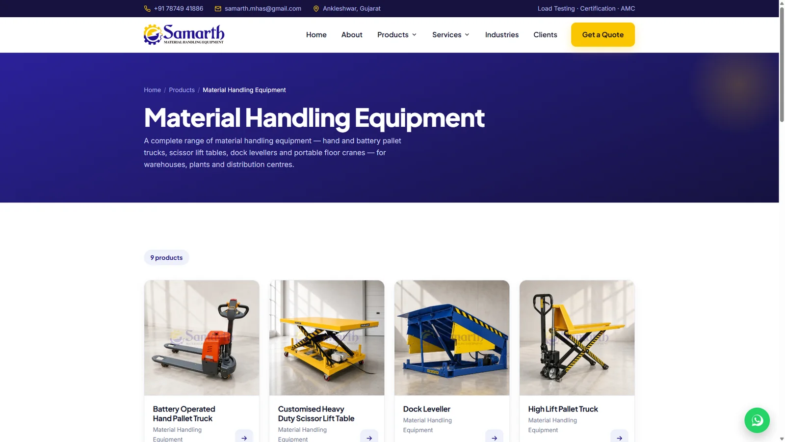 Samarth MHE material handling equipment category page with product cards