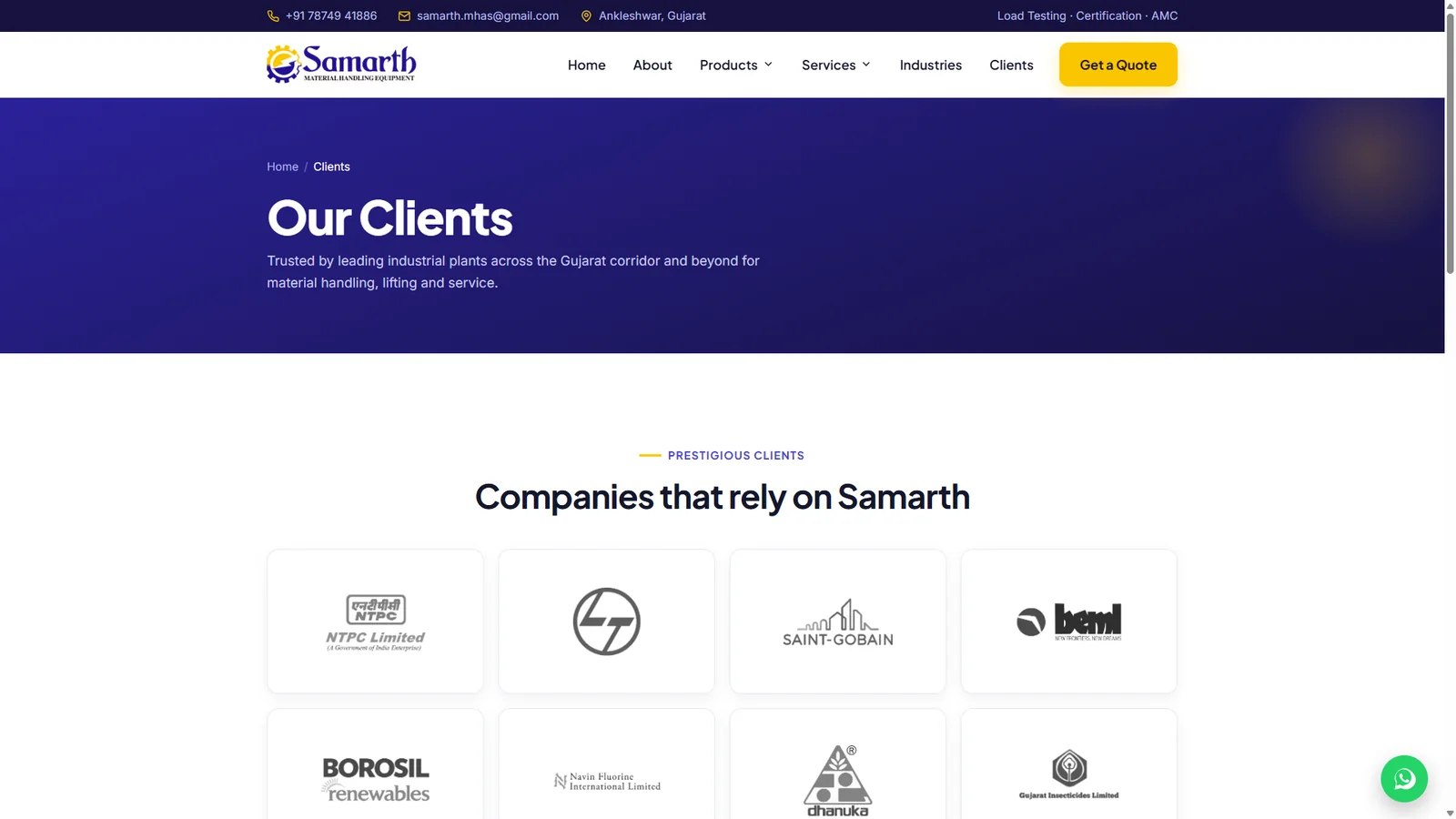 Samarth MHE clients page with NTPC, L&T, Saint-Gobain and BEML