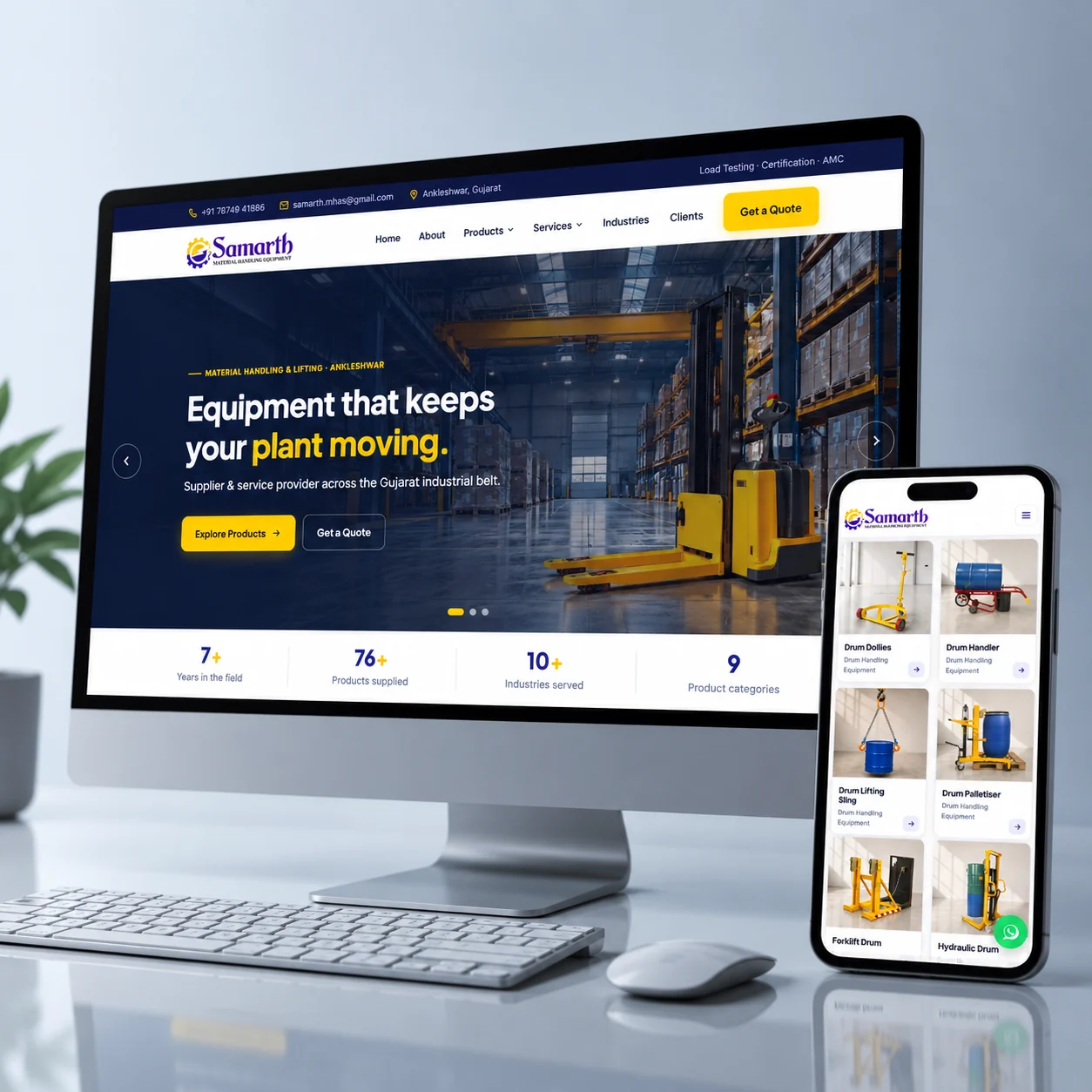 Samarth MHE website on a desktop and phone: Equipment that keeps your plant moving