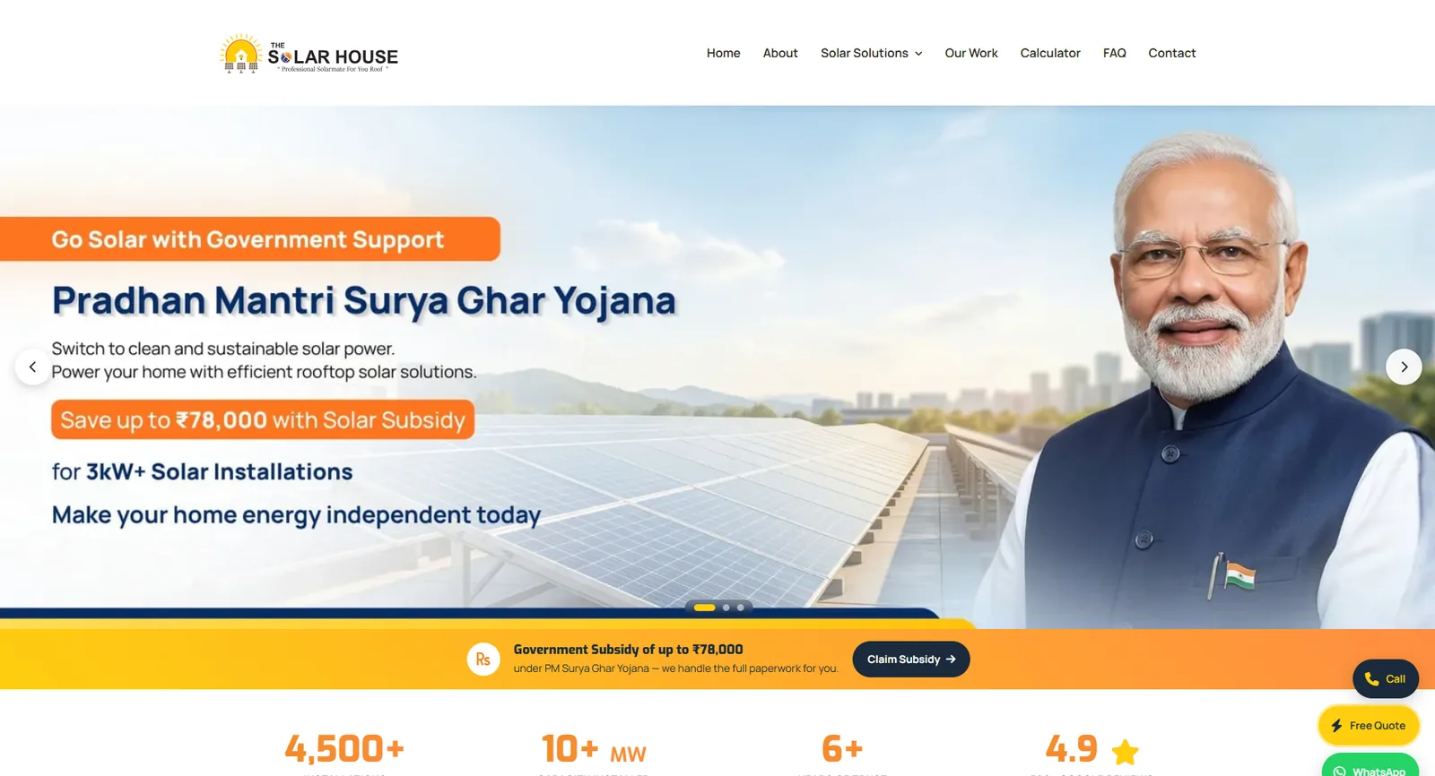 The Solar House homepage with PM Surya Ghar Yojana subsidy banner