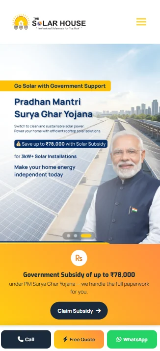 The Solar House homepage on mobile with subsidy banner and sticky buttons