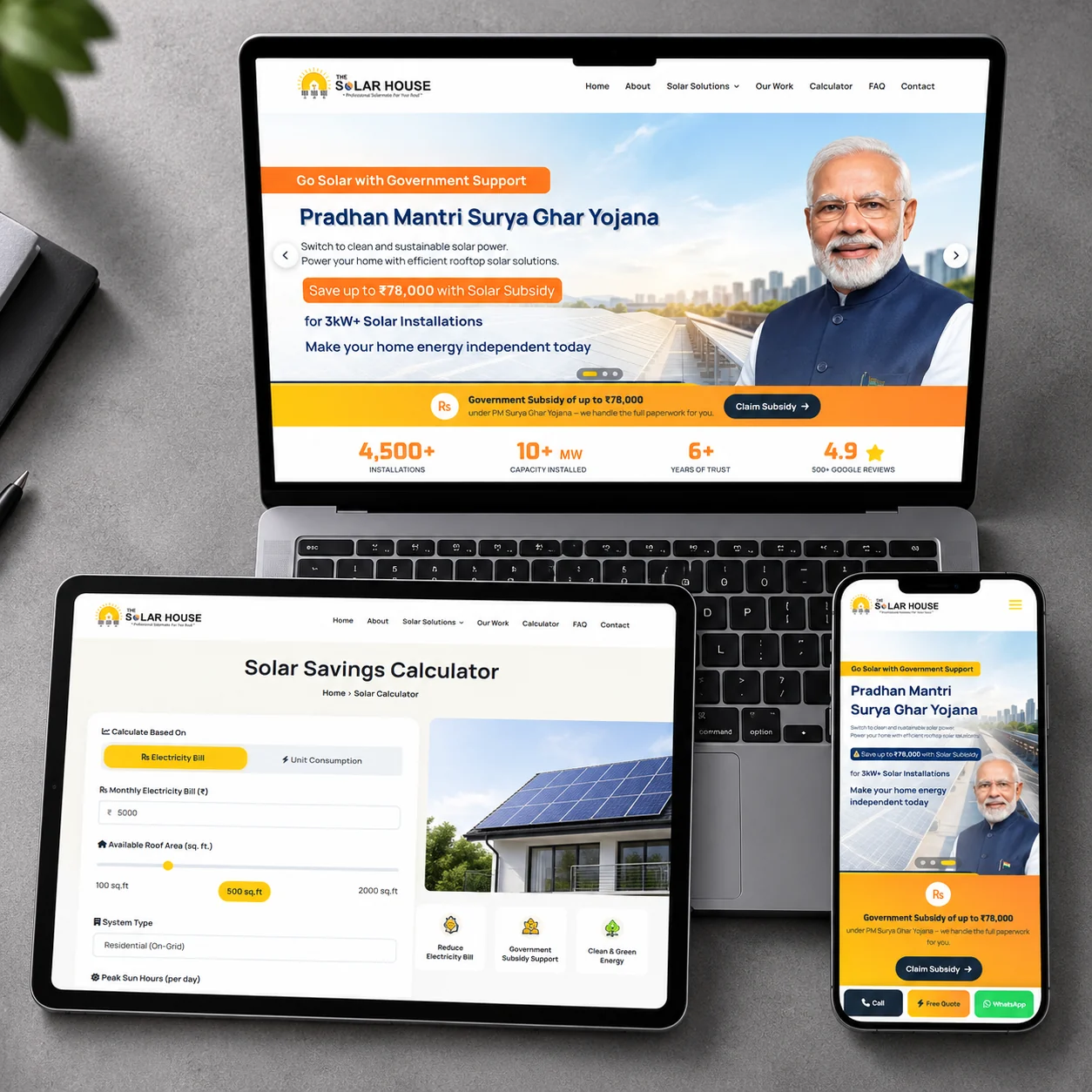 The Solar House website on laptop, tablet and phone with the solar savings calculator