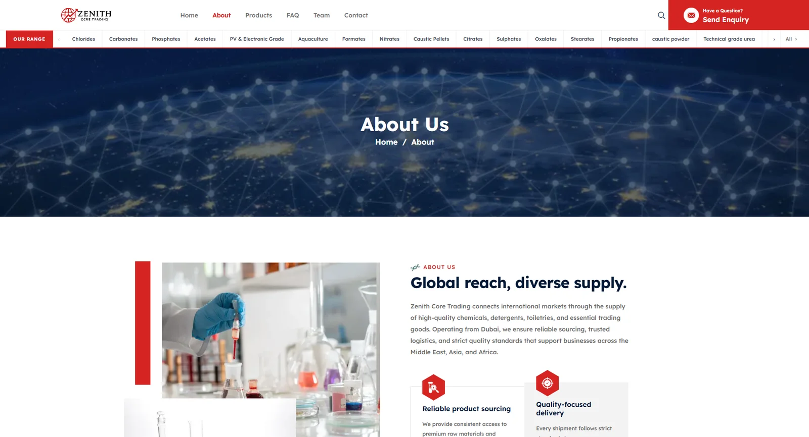 Zenith Core Trading about page: Global reach, diverse supply