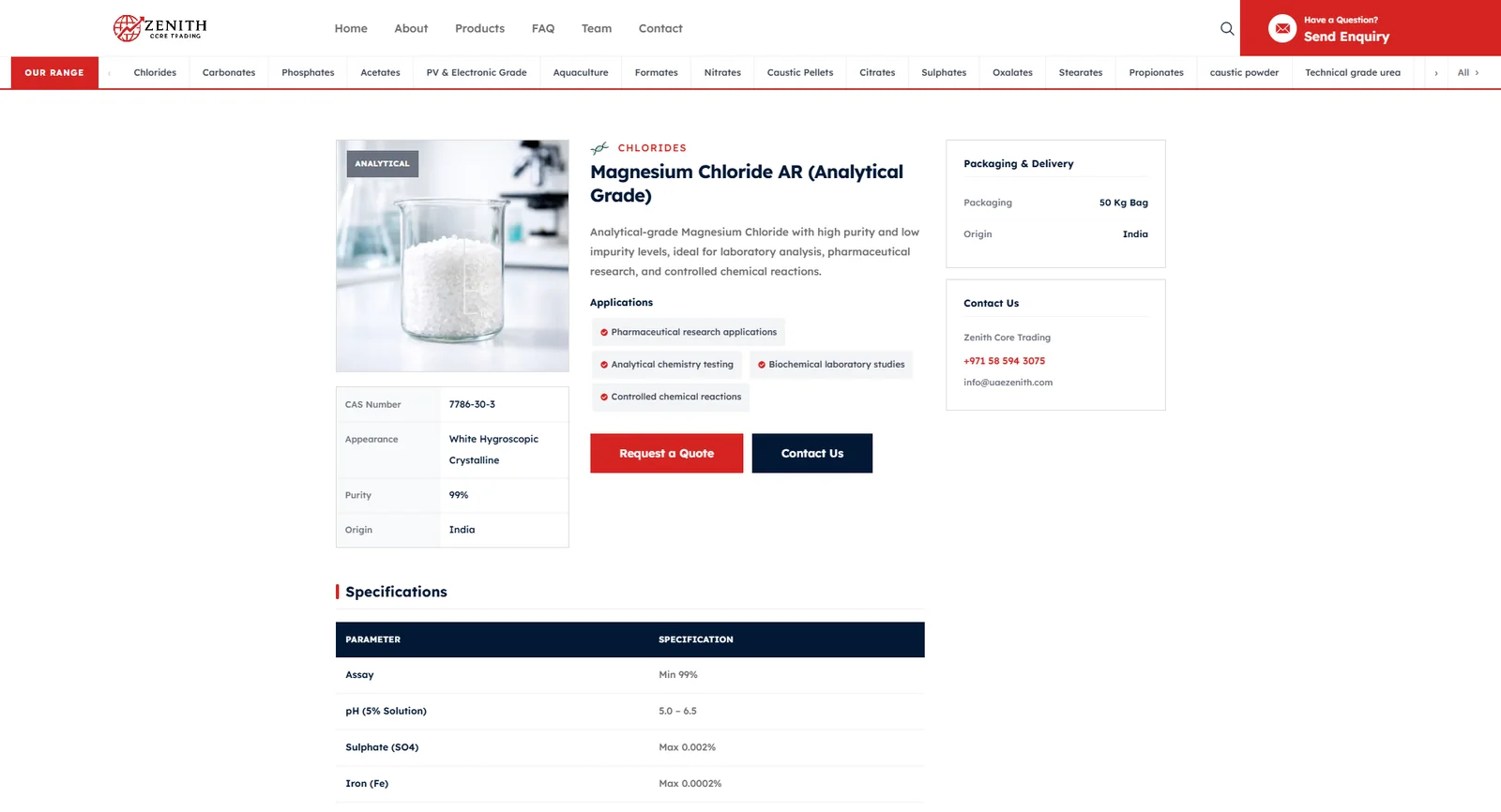 Zenith Core Trading product page: Magnesium Chloride AR with specifications