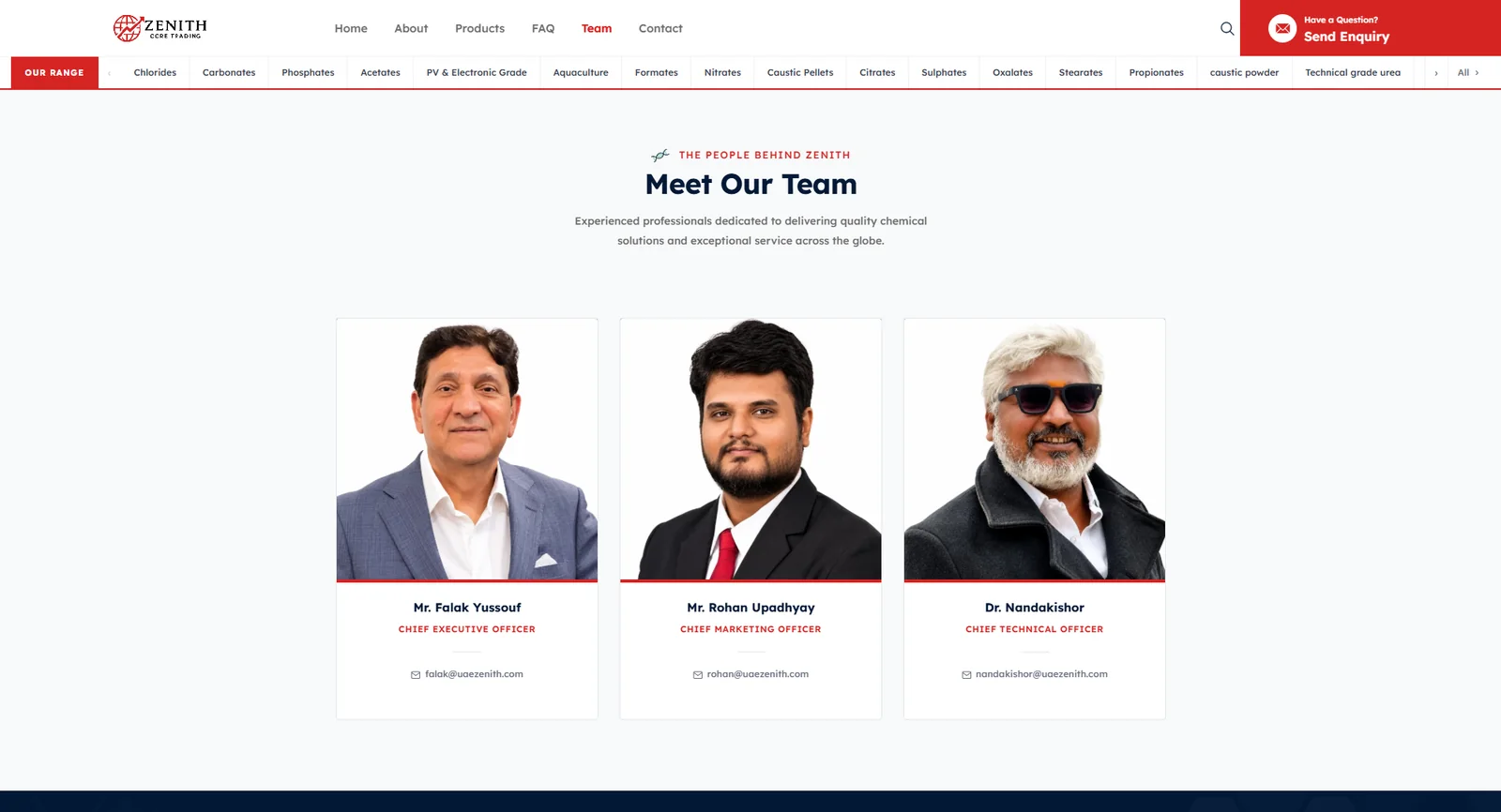 Zenith Core Trading team page with leadership profiles